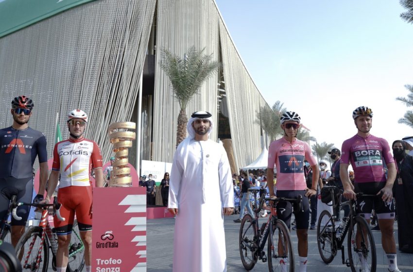  Mansour bin Mohammed meets with participants of Giro d’Italia Criterium Dubai at Expo 2020 Dubai